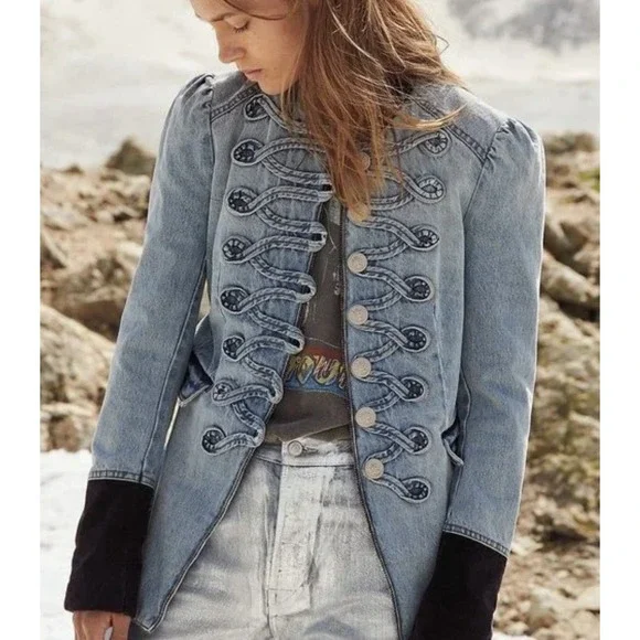 Free People Seamed Structured Military Blue Denim Jacket Women's Size Medium - Picture 9 of 10
